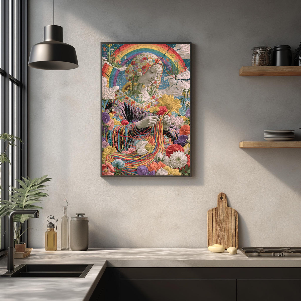 a vibrant, colorful painting of a woman surrounded by a variety of flowers and plants, hanging on a wall above a kitchen counter.