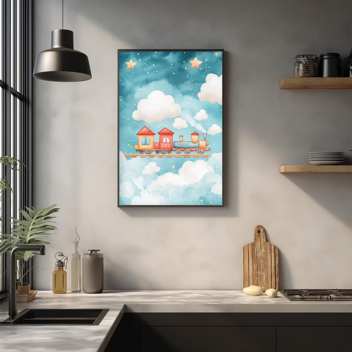 a kitchen counter with various items on it, such as a cutting board, a bottle, and a vase. Above the counter, there is a framed picture of a train on a cloud, which adds a whimsical touch to the kitchen decor.