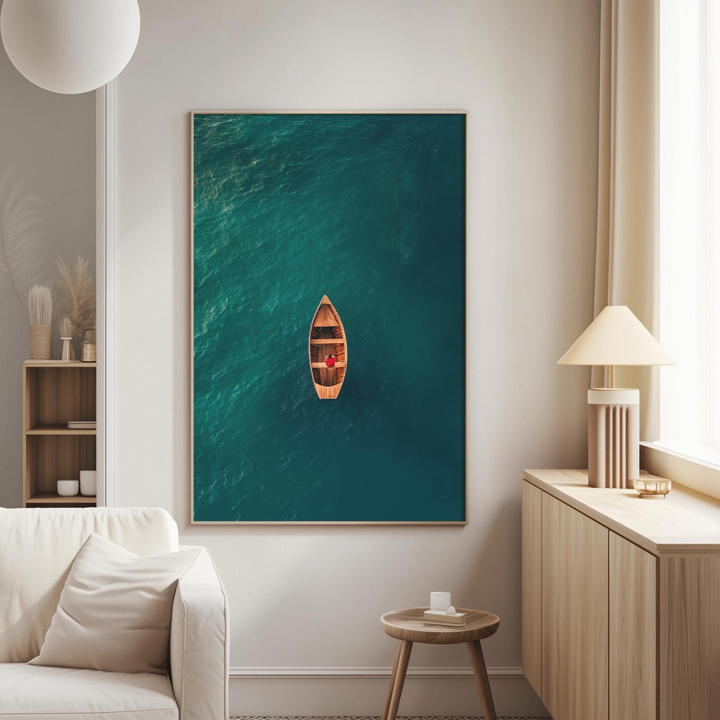 a large, framed photograph of a small boat floating on a turquoise body of water, hanging on a white wall in a living room setting.