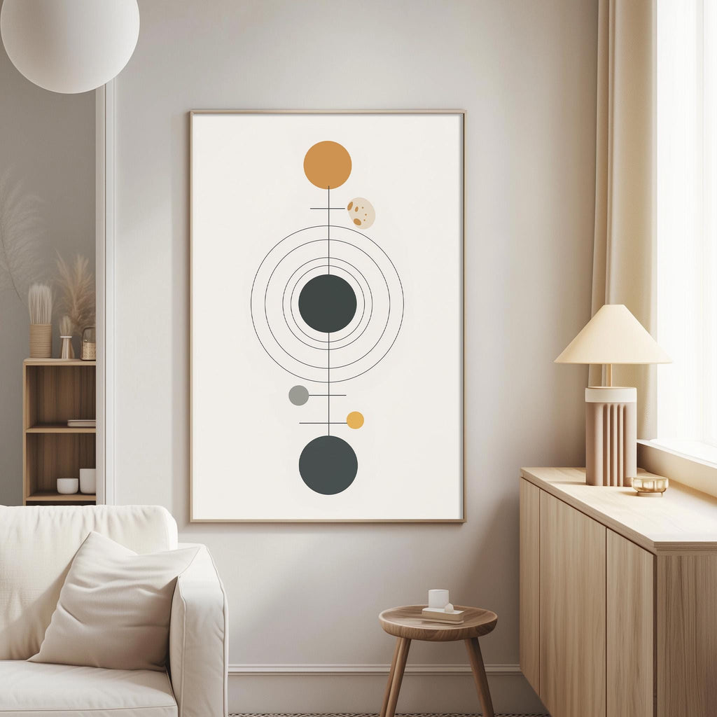 a minimalist living room with a large abstract art piece hanging on the wall. The art piece consists of circles and lines in various shades of gray and orange, creating a striking visual contrast. The room is furnished with a white sofa, a wooden side table, and a lamp, contributing to the overall modern and stylish aesthetic.