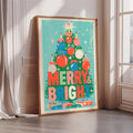 A framed poster with a Christmas tree design and the text "MERRY & BRIGHT" is displayed on a wall.