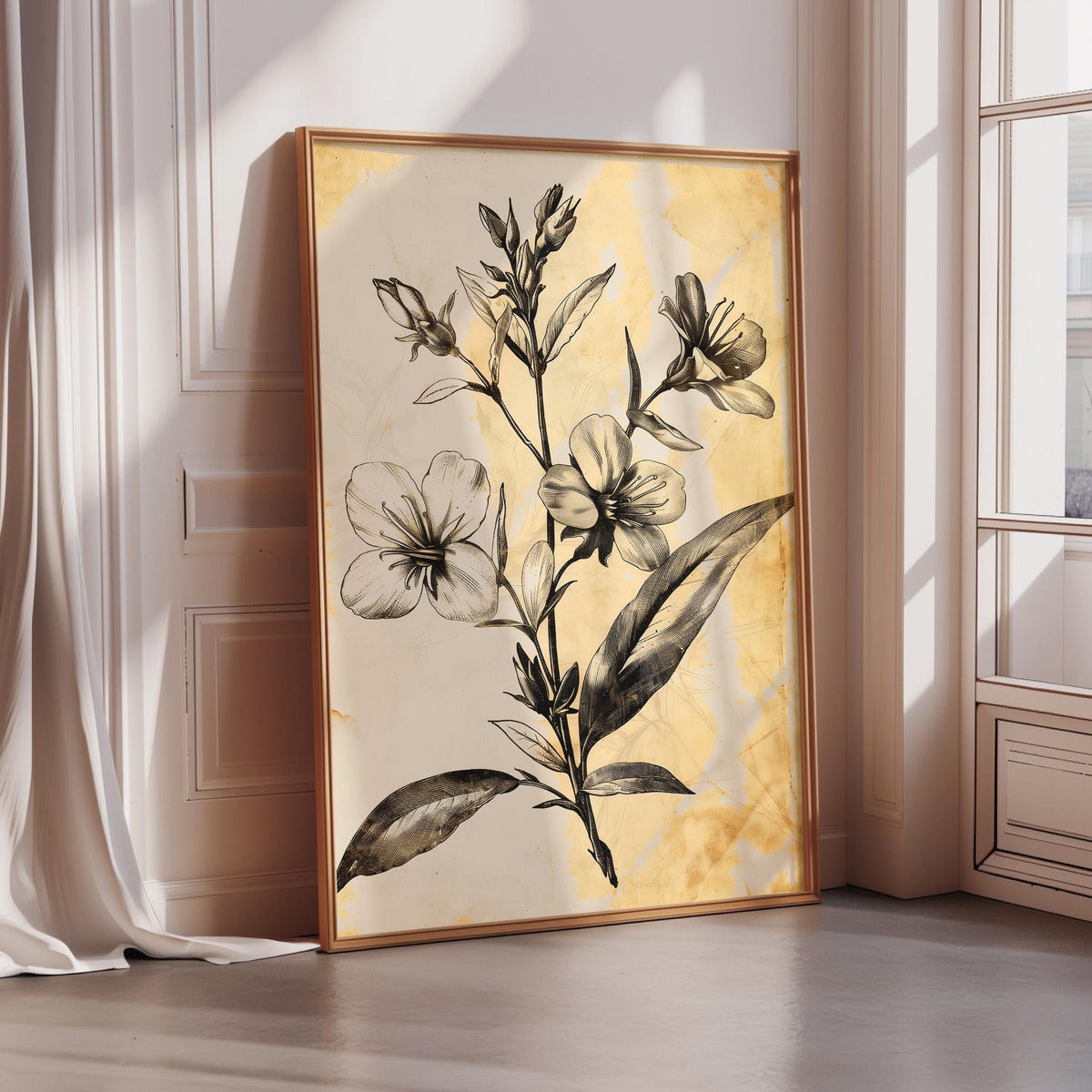 Vintage Botanical Print - Sepia Floral Wall Art Antique Flower Print for Living Room
