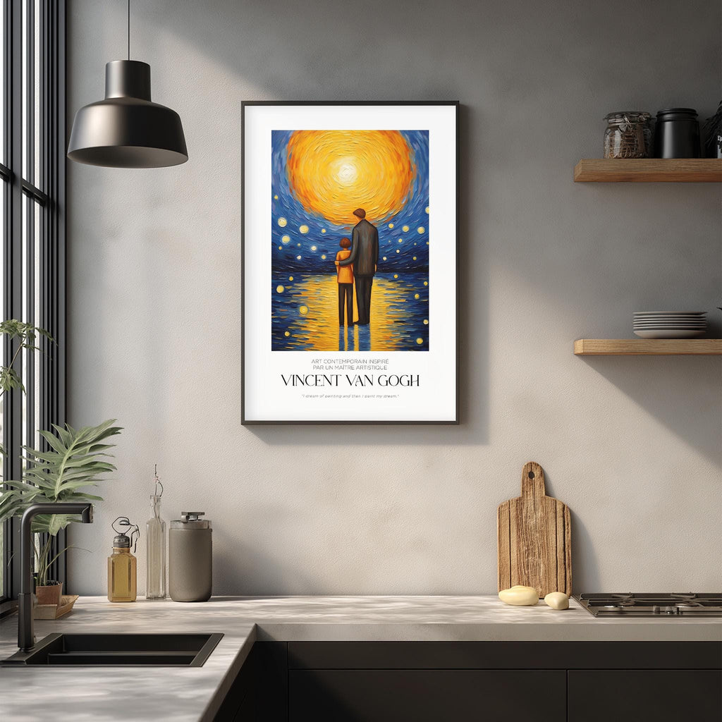 a framed painting of Vincent van Gogh's "Starry Night" hanging on a wall above a kitchen counter.