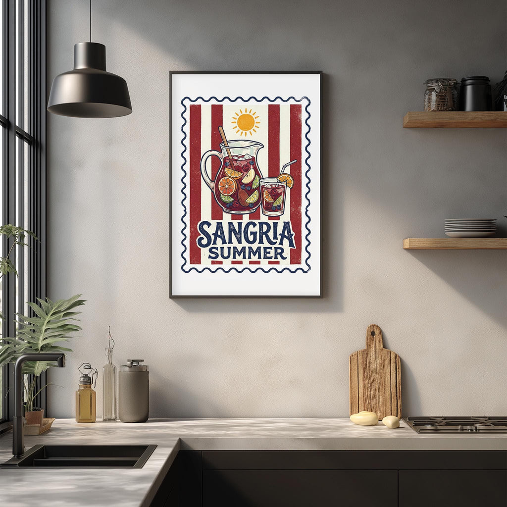 a framed poster of a pitcher of iced tea with a sun and a red and blue striped border, hanging on a wall above a kitchen counter.