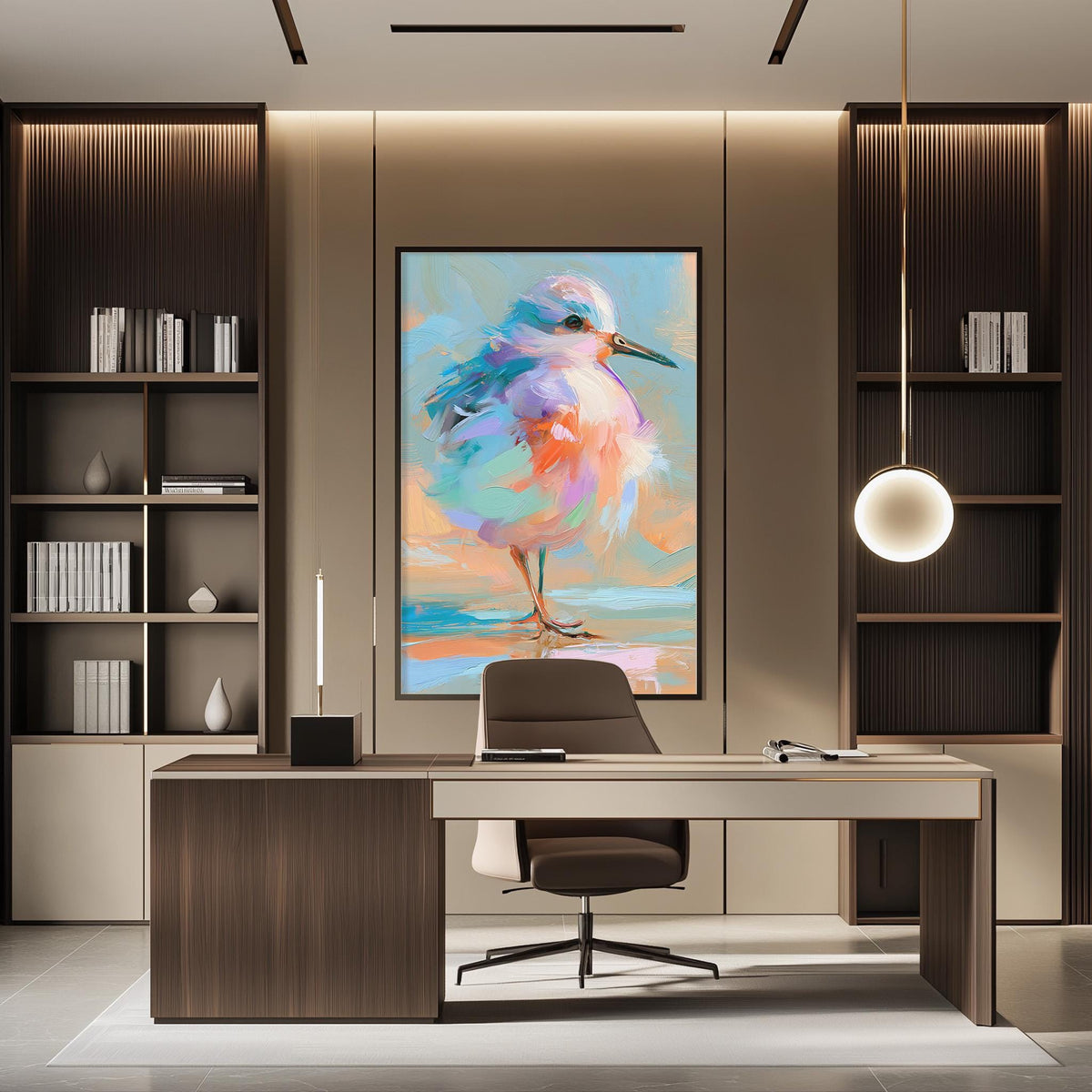 a modern office space with a large painting of a colorful bird on the wall, a wooden desk with a chair, and built-in bookshelves.