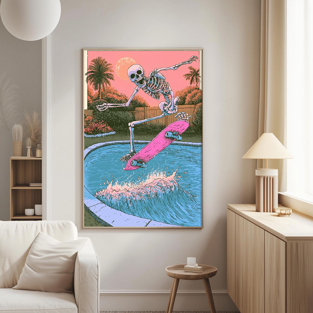 a skeleton riding a skateboard on a pool deck, with a pink skateboard and a sunset in the background.