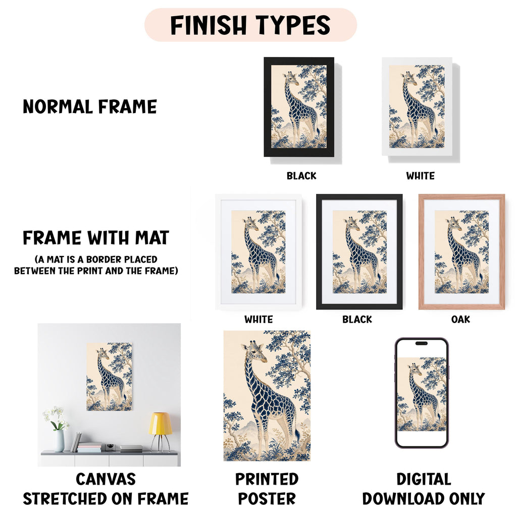 various finish types for a giraffe print, including a normal frame, a black frame, a white frame, a black frame, an oak frame, a white frame, a black frame, and a digital poster.