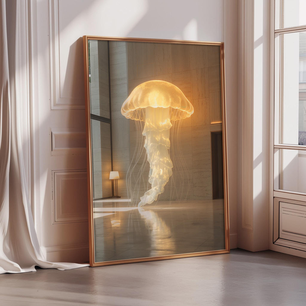a large mirror with a reflection of a jellyfish illuminated by a light source, creating a serene and ethereal atmosphere.
