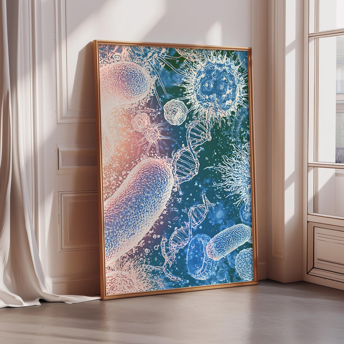 a large framed poster depicting various bacteria and viruses, including a blue and white bacteria and a green virus, against a white background.
