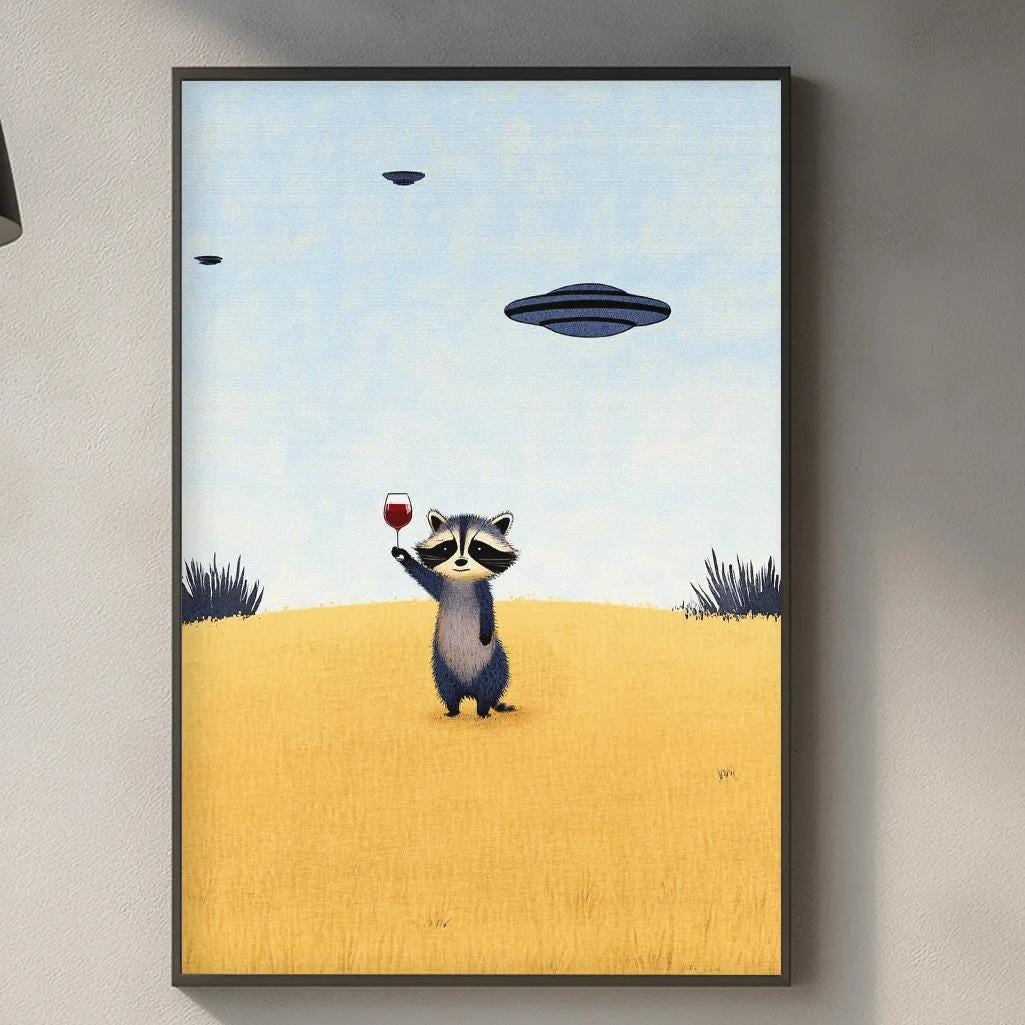 a framed artwork depicting a raccoon standing on a yellow field, with a blue sky and a flying saucer in the background.