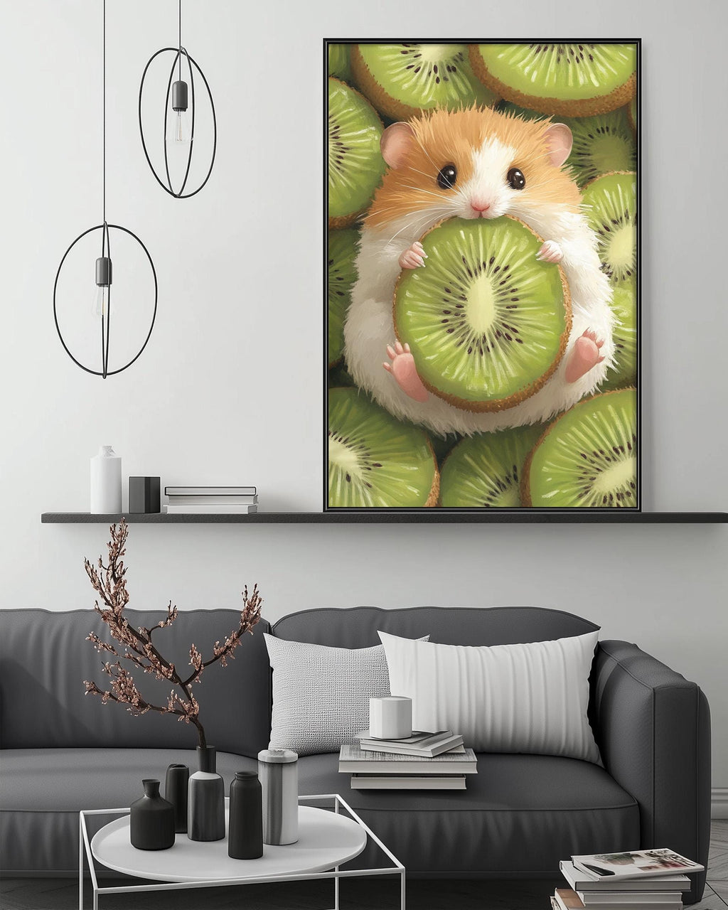 A cozy living room with a gray sofa, a coffee table, and a large framed painting of a hamster holding a slice of kiwi fruit hanging on the wall above the sofa.