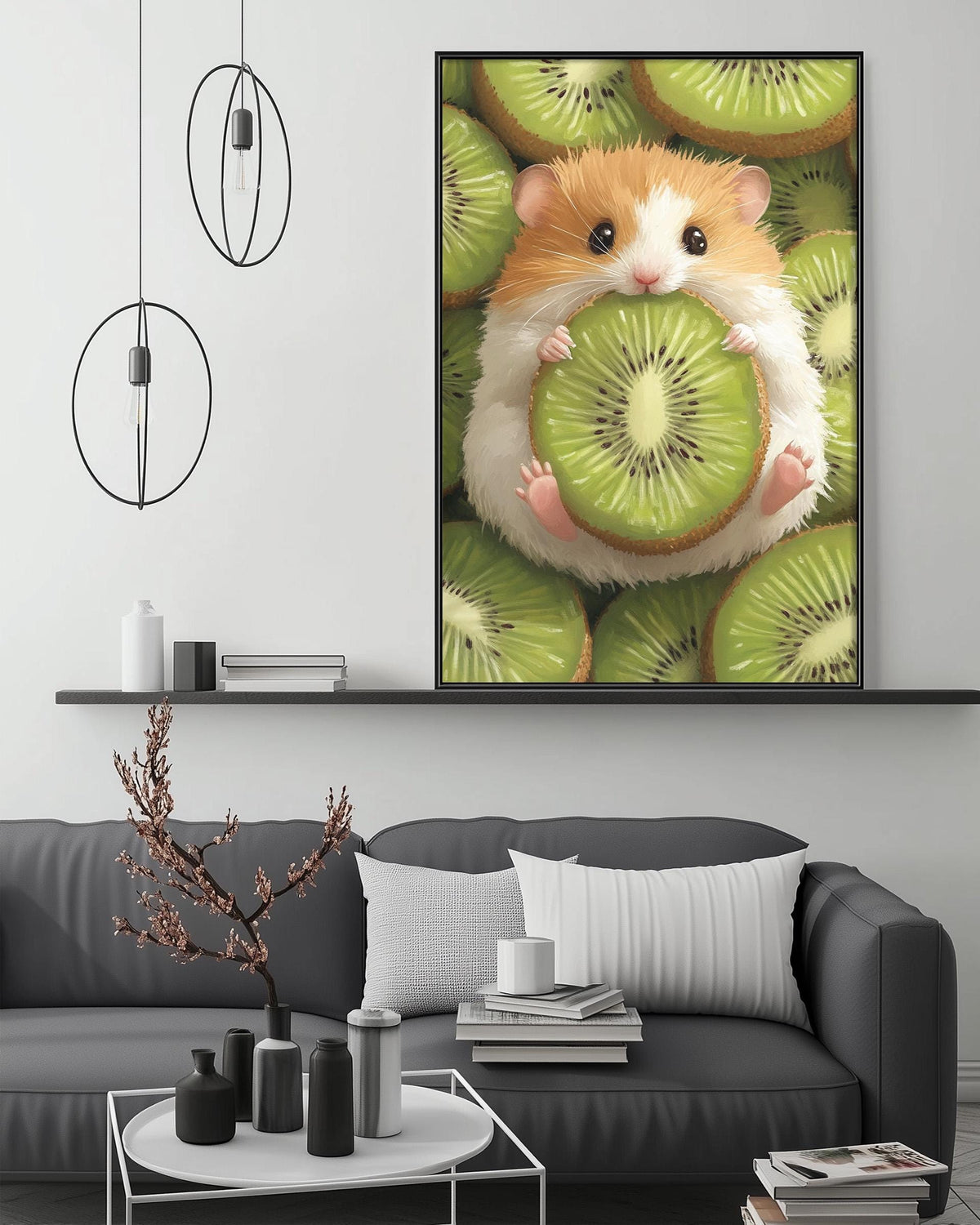 A cozy living room with a gray sofa, a coffee table, and a large framed painting of a hamster holding a slice of kiwi fruit hanging on the wall above the sofa.