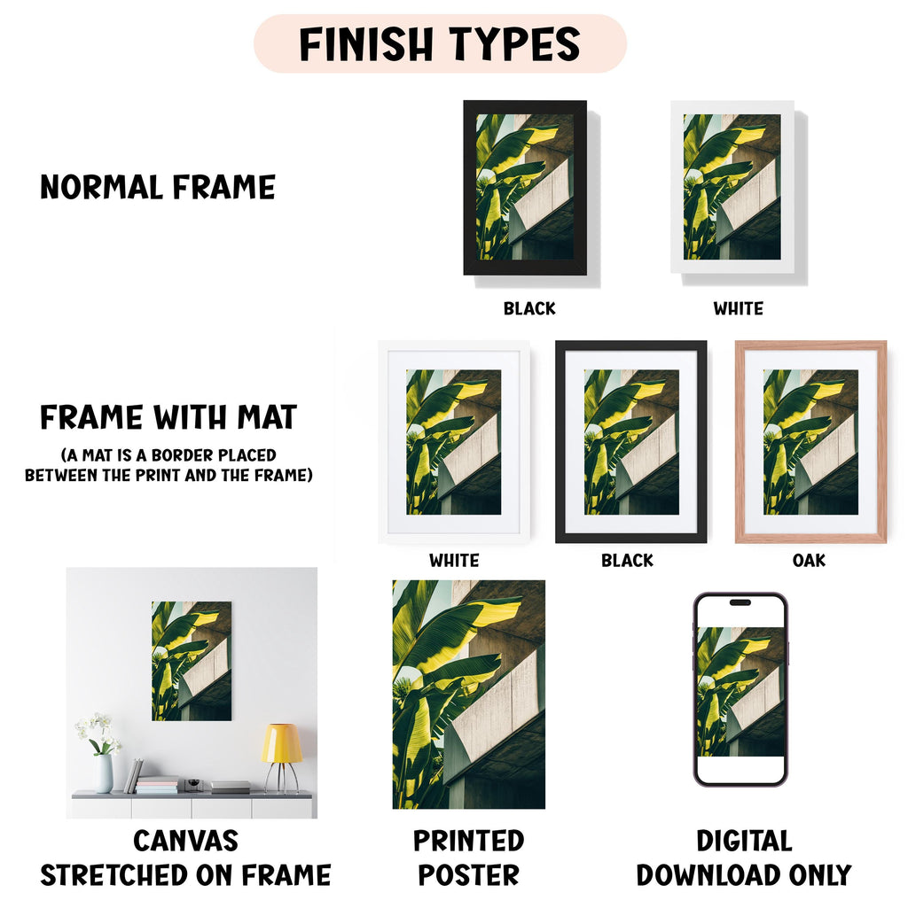 various types of artwork, including a canvas stretched on a frame, a framed print, and a digital poster. The artwork is presented in different frame colors and styles, such as a normal frame, a black frame, a white frame, and an oak frame. The artwork is also described as a canvas stretched on a frame, a printed poster, and a digital download only. The image is a collage of multiple images, and the text provides information about the different frame options and the nature of the artwork.