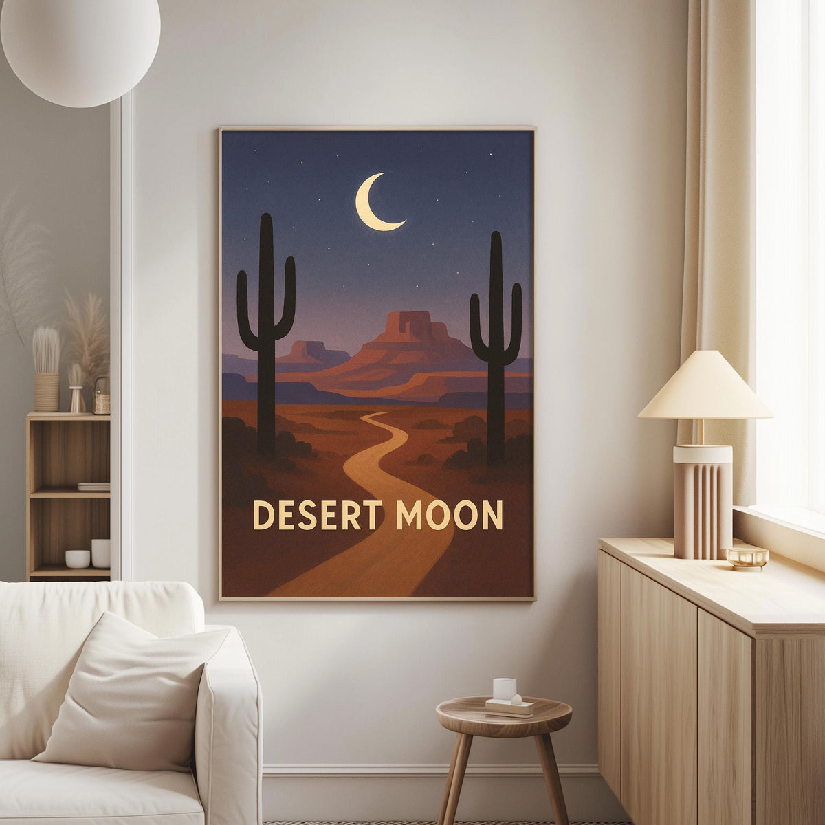 a large framed poster of a desert landscape with a crescent moon and mountains in the background, hanging on a wall in a living room.