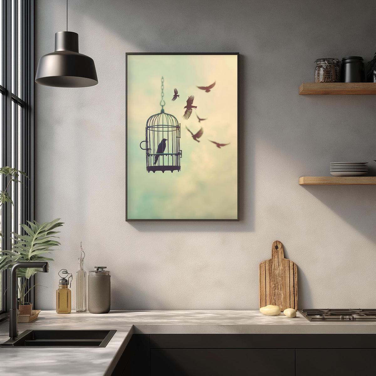 a kitchen counter with various items on it, including a birdcage with a bird inside, a wooden cutting board, and a potted plant. Above the counter, there is a framed picture of birds in flight.
