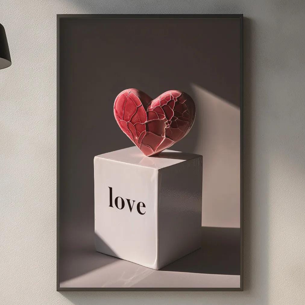 a kitchen counter with various items, including a white box with a red heart on top, a wooden cutting board, and a potted plant. Above the counter, there is a framed image of a heart and the word "love" written on it.