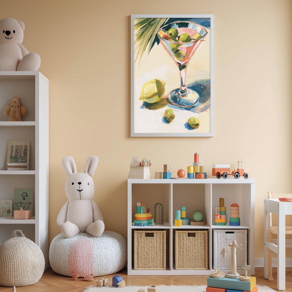 A cozy children's room with a white bookshelf, a plush rabbit, and a colorful toy box filled with toys. A framed painting of a martini glass with olives is hanging on the wall above the bookshelf.
