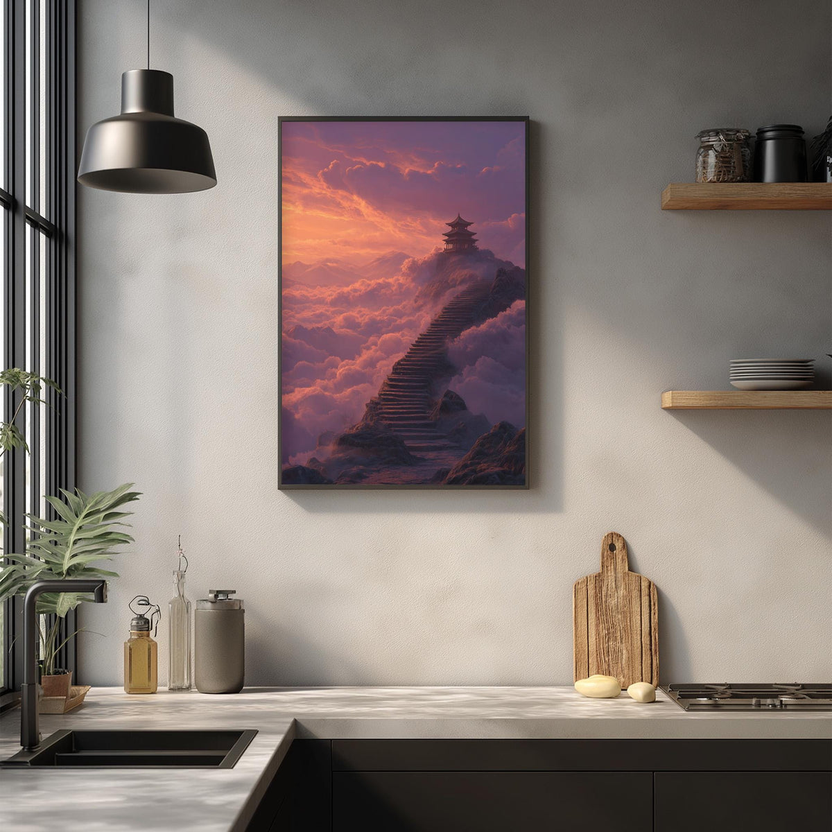 a serene kitchen scene with a framed picture of a pagoda-like structure on a mountain, surrounded by clouds, hanging on the wall above a countertop with various kitchen items.