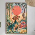 a painting of a dog in a tropical setting, surrounded by lush greenery and vibrant flowers, hanging on a wall above a table with various decorative items.