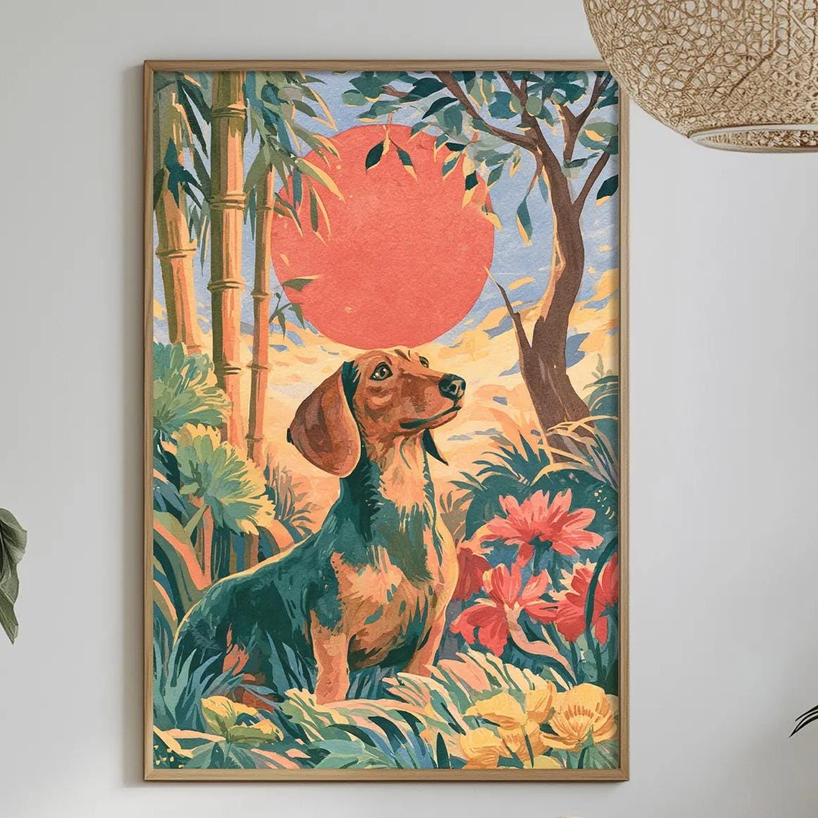 a painting of a dog in a tropical setting, surrounded by lush greenery and vibrant flowers, hanging on a wall above a table with various decorative items.