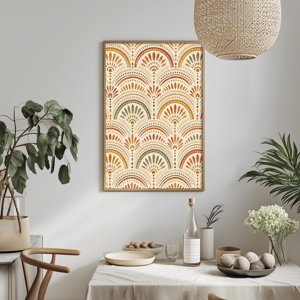 a dining room with a table set for a meal, a potted plant, a hanging light fixture, and a framed print on the wall.
