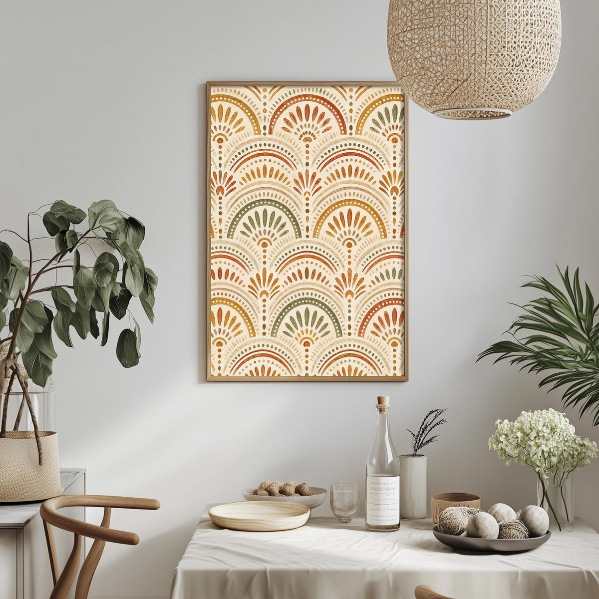a dining room with a table set for a meal, a potted plant, a hanging light fixture, and a framed print on the wall.