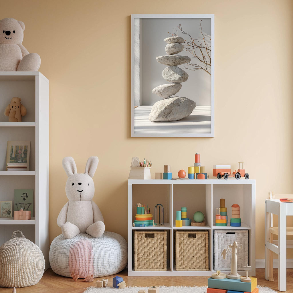 A cozy and colorful children's bedroom with a bookshelf, a stuffed rabbit, and a toy train. The room has a warm and inviting atmosphere, with a framed picture of stacked rocks on the wall and a shelf filled with toys and books.