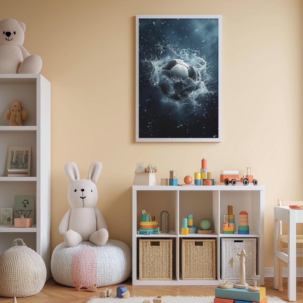 A child's bedroom with a white bookshelf, a stuffed rabbit, a soccer ball, and a framed artwork depicting a soccer ball in the air.