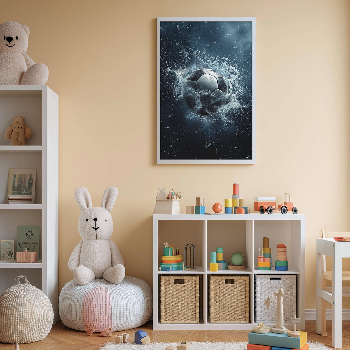 A child's bedroom with a white bookshelf, a stuffed rabbit, a soccer ball, and a framed artwork depicting a soccer ball in the air.