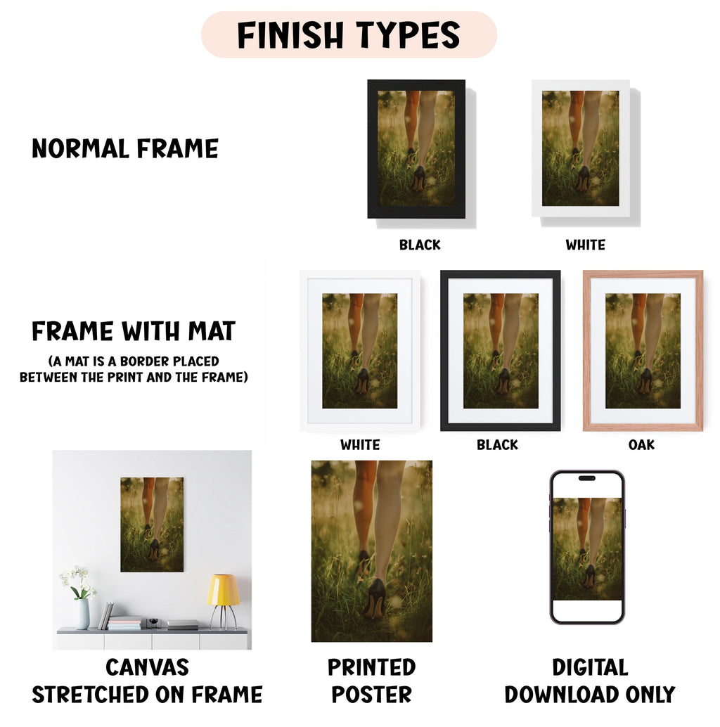 various types of artwork, including a normal frame, a frame with a mat, a white frame, a black frame, a white frame, a black frame, an oak frame, a white canvas stretched on a frame, a printed poster, and a digital download only.