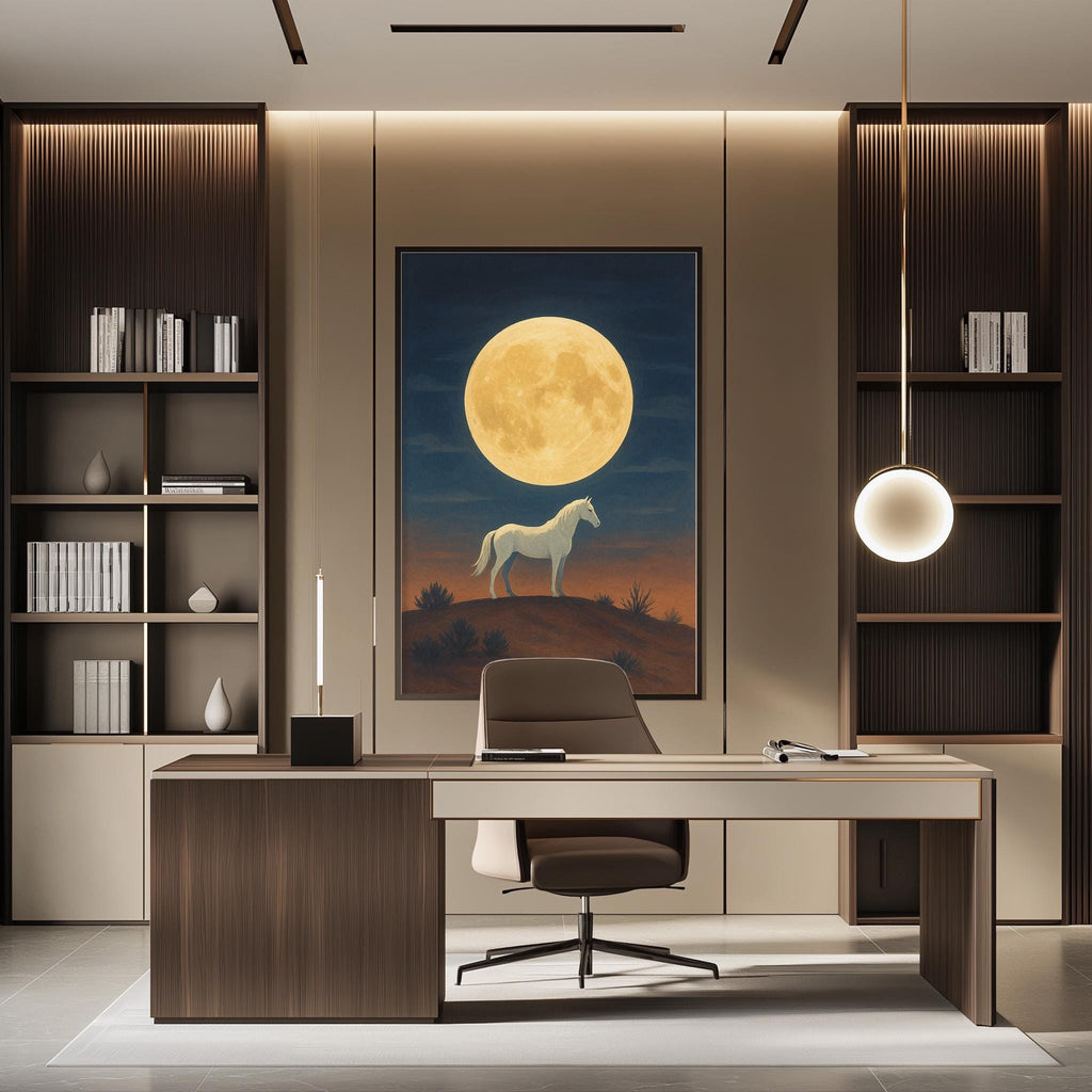 a modern office space with a large painting of a horse on the wall, a desk with a chair, and built-in bookshelves.