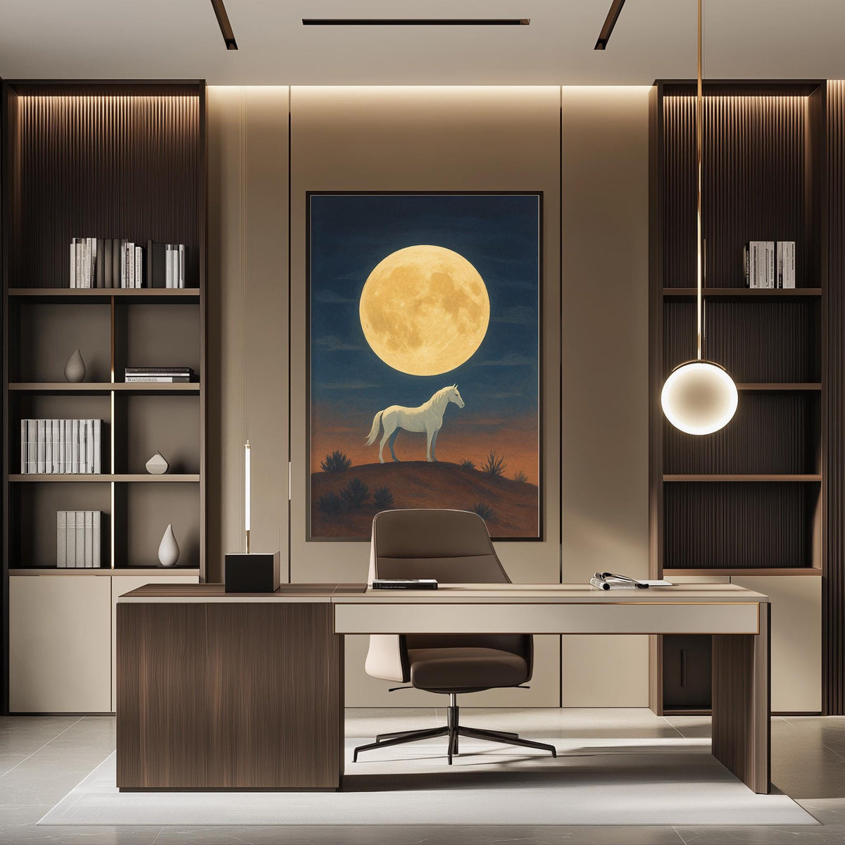 a modern office space with a large painting of a horse on the wall, a desk with a chair, and built-in bookshelves.