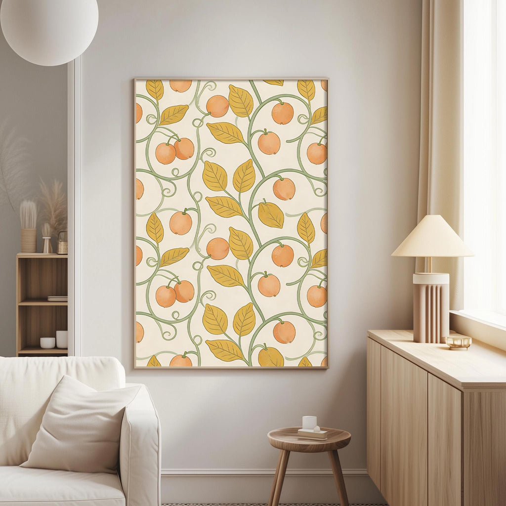 a living room with a white sofa, a wooden side table, and a lamp. The wall behind the sofa has a framed print of a repeating pattern of orange and green leaves and small orange fruits.