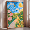 A large framed painting depicting a vibrant garden scene with a winding path, pink roses, yellow sunflowers, and a blue sky with a yellow sun.