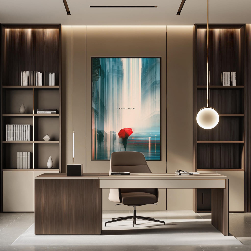a modern and stylish office space with a large abstract painting of a red umbrella in the background, a wooden desk with a chair, and built-in bookshelves.