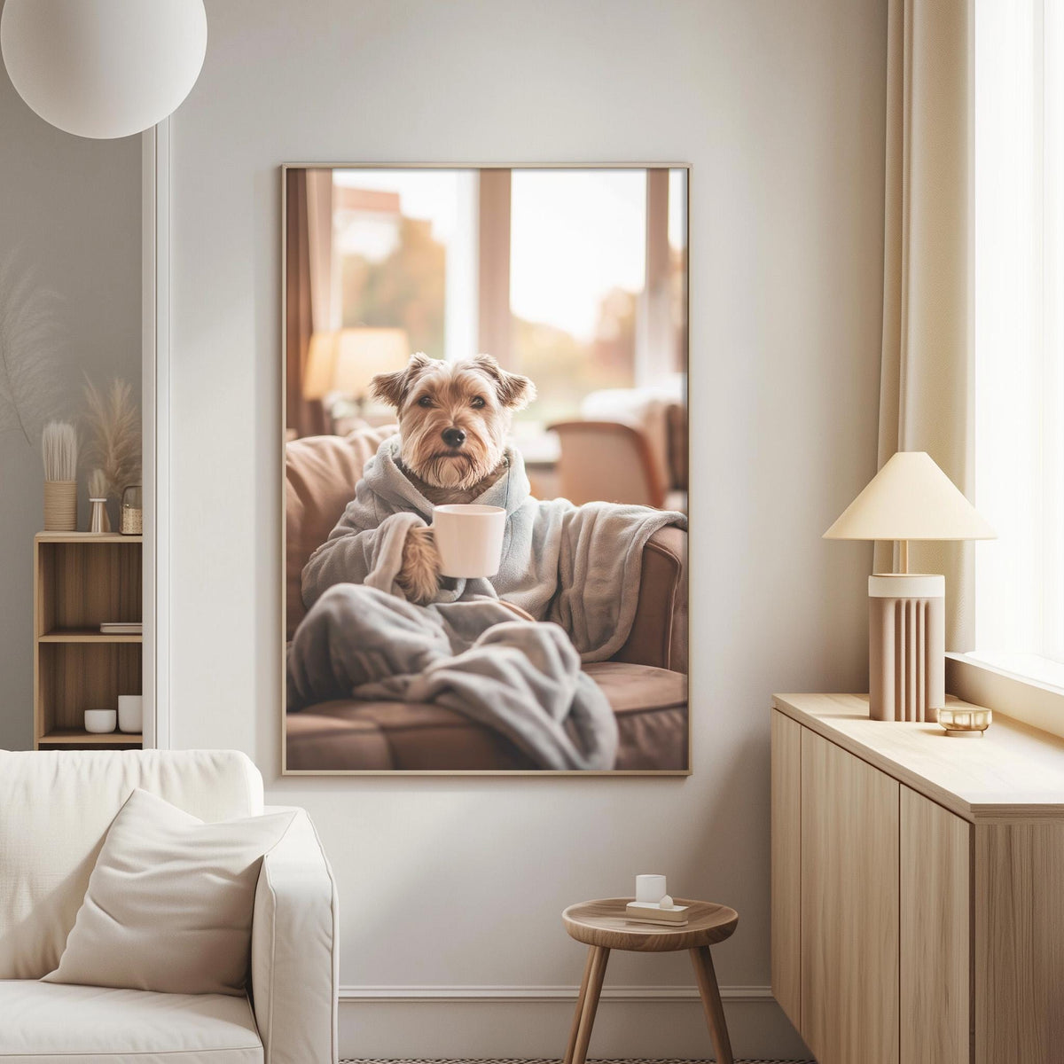 A cozy living room with a framed photograph of a dog sitting on a couch, wrapped in a blanket and holding a cup, creating a warm and inviting atmosphere.