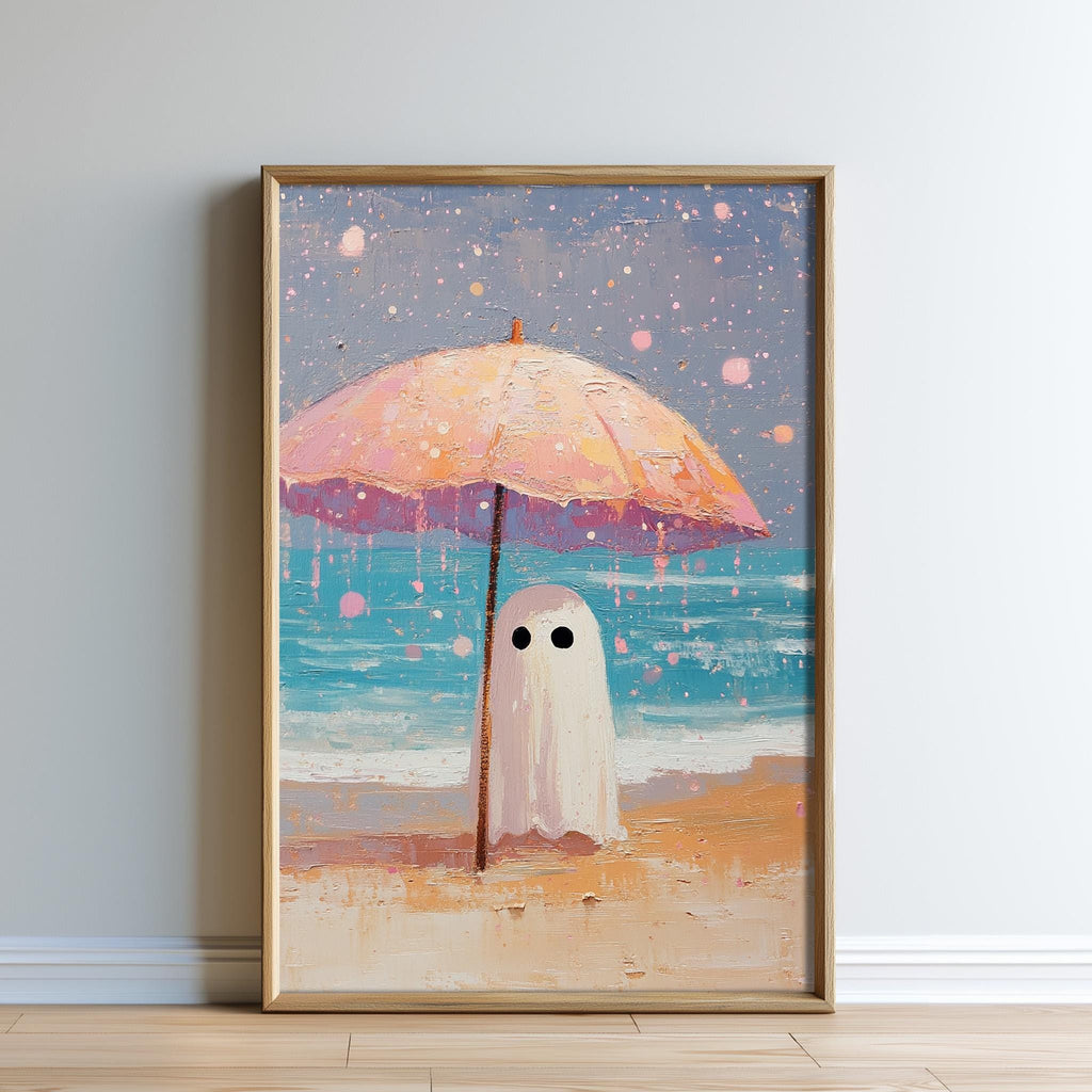 The image is a painting depicting a ghost standing on a beach under an umbrella, with a blue sky and ocean in the background.