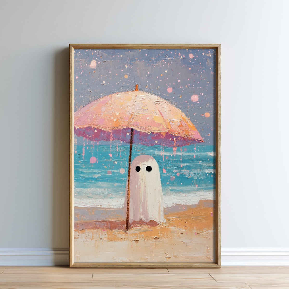 The image is a painting depicting a ghost standing on a beach under an umbrella, with a blue sky and ocean in the background.