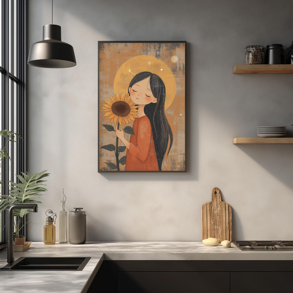 a kitchen counter with a framed illustration of a woman holding a sunflower, a wooden cutting board, and various kitchen items such as a bottle and a vase.