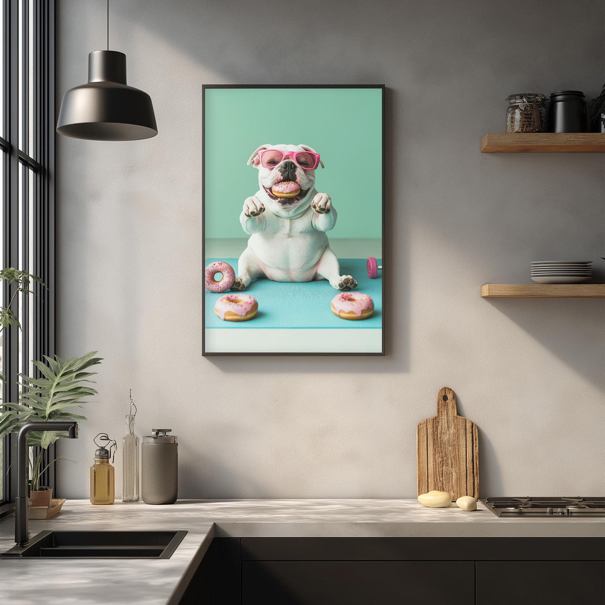 A framed image of a dog sitting on a blue surface, wearing sunglasses and holding a donut in its mouth, is hanging on a wall in a kitchen setting.