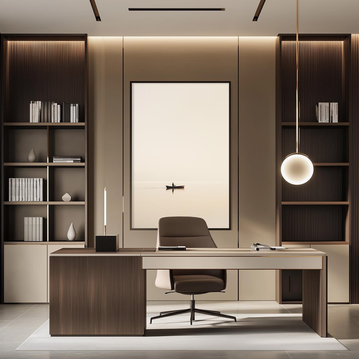 a modern and minimalist office space with a large wooden desk, a comfortable-looking chair, and built-in bookshelves. The room has a neutral color palette with a large window providing natural light, and a hanging light fixture above the desk.