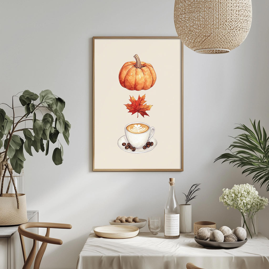 a cozy dining area with a table set for a meal, a potted plant, and a framed print of a pumpkin and coffee cup on the wall.