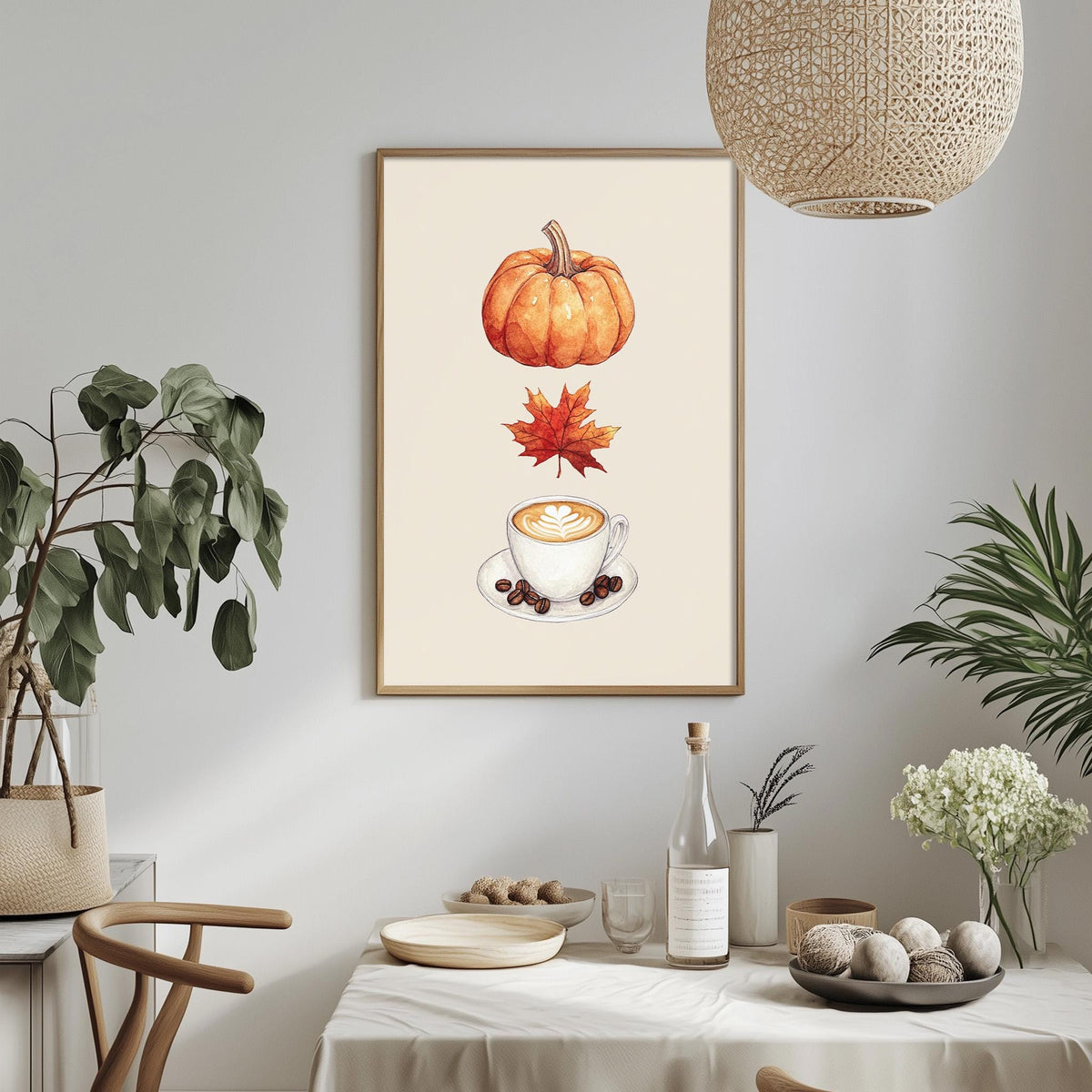 a cozy dining area with a table set for a meal, a potted plant, and a framed print of a pumpkin and coffee cup on the wall.