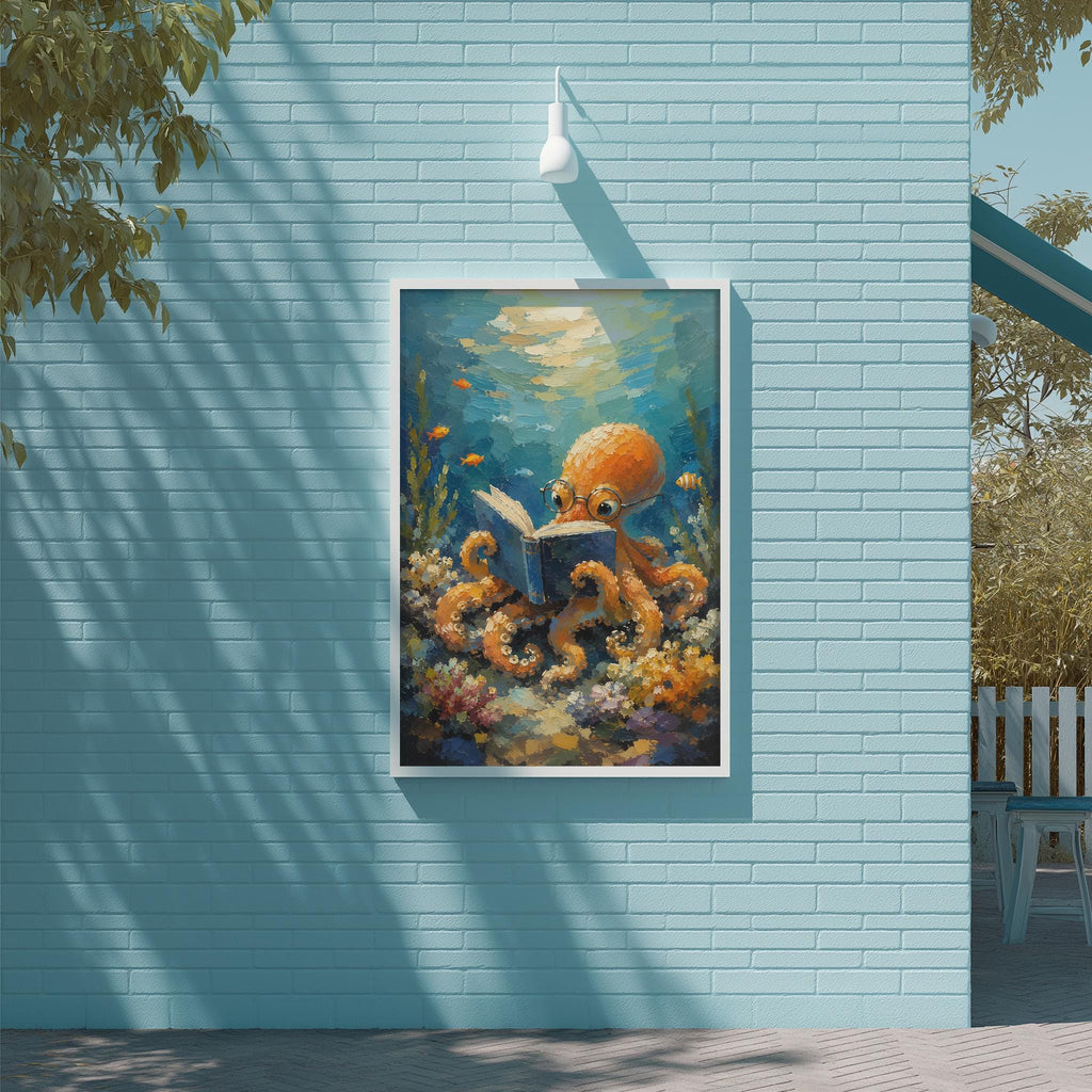 a painting of an orange octopus holding a book and surrounded by colorful underwater plants and coral, set against a blue brick wall.