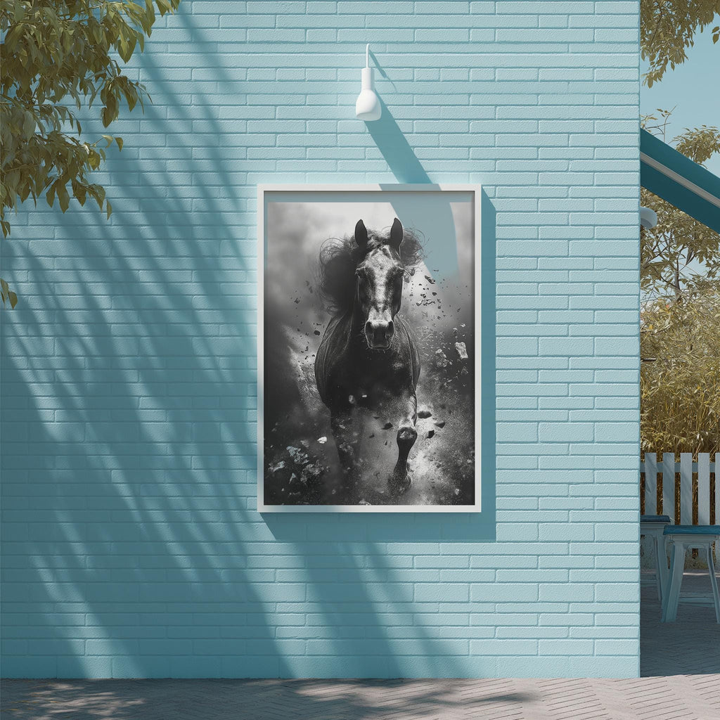 A black and white photograph of a horse running is displayed on a blue wall, with a white light fixture above it.