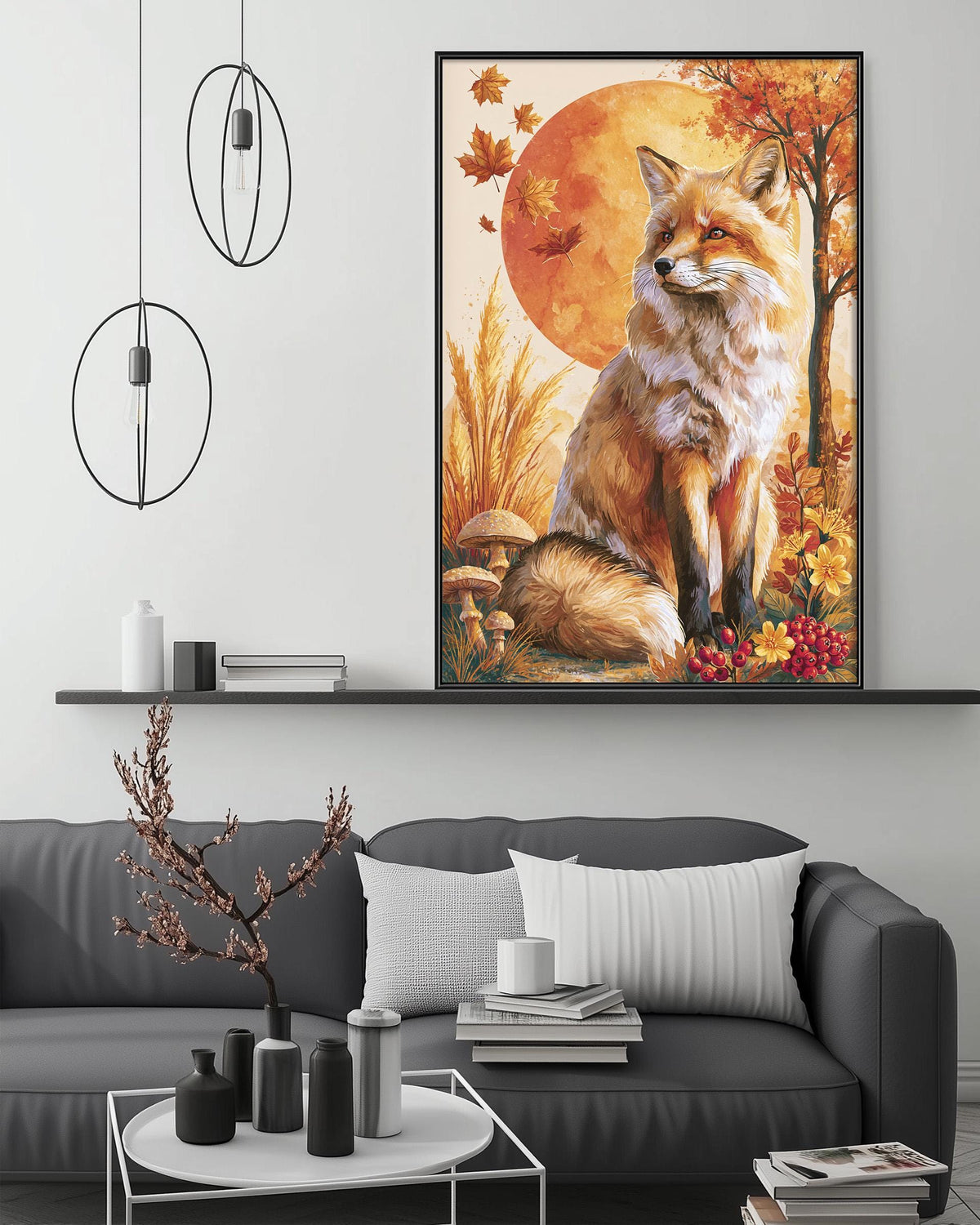 a cozy living room with a gray sofa, a coffee table, and a large framed painting of a fox sitting on a branch with autumn leaves in the background.