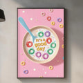 a kitchen counter with a framed poster of a bowl of cereal with a spoon, surrounded by colorful cereal pieces, and a wooden cutting board.