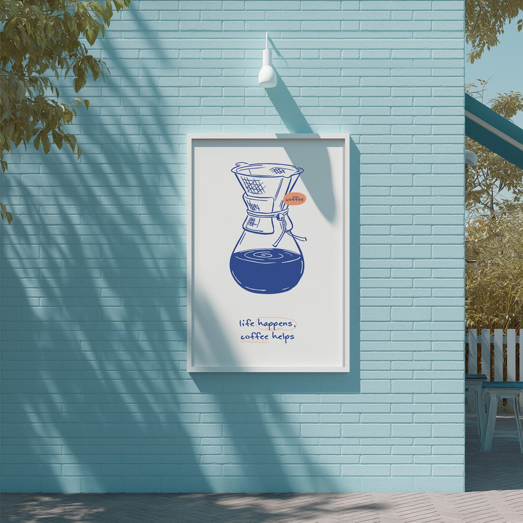 a poster with a blue coffee maker illustration on a light blue brick wall.