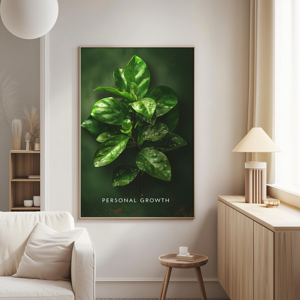 a large framed picture of a green plant with large leaves, hanging on a wall in a living room.