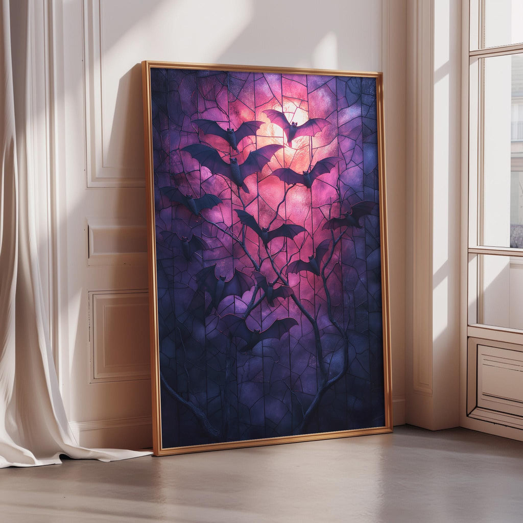 a large framed painting depicting a night scene with bats flying over a dark, colorful background.
